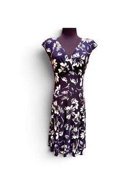 Womans Ralph Lauren Lighthouse Navy Blue & White Floral Faux Wrap Stretch Dress